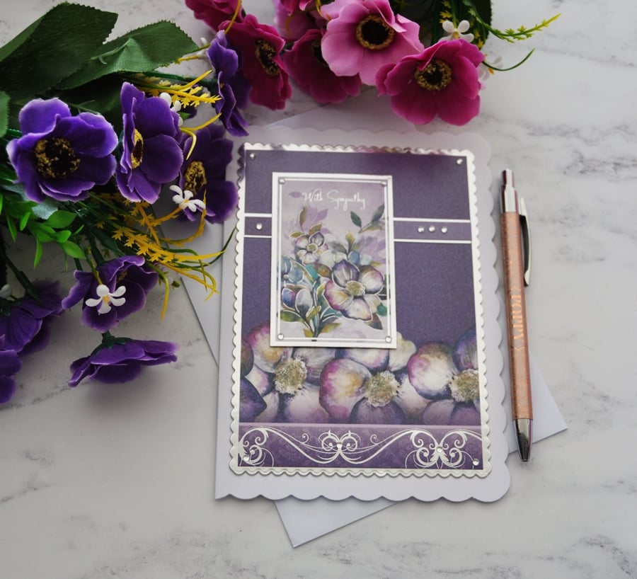 With Sympathy Card Purple Flowers Silver Foil Card 3D Luxury Handmade Card