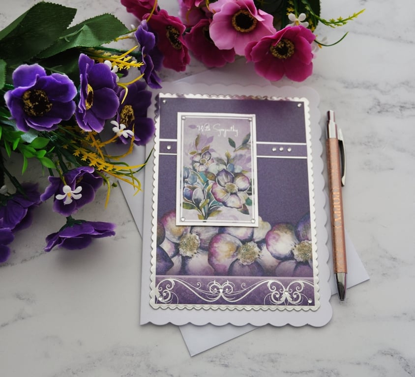 With Sympathy Card Purple Flowers Silver Foil Card 3D Luxury Handmade Card
