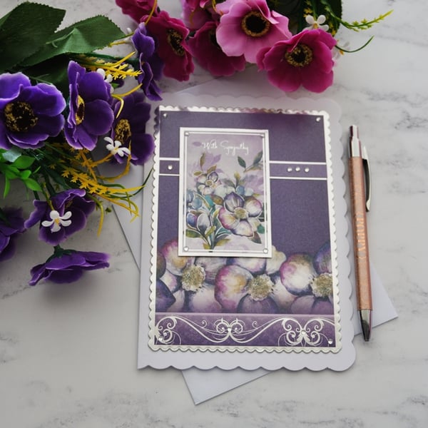 With Sympathy Card Purple Flowers Silver Foil Card 3D Luxury Handmade Card