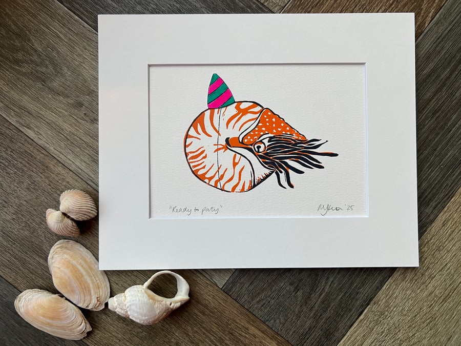 Nautilus "Ready to Party" Original Handprinted Lino Print Mounted