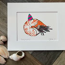 Nautilus "Ready to Party" Original Handprinted Lino Print Mounted