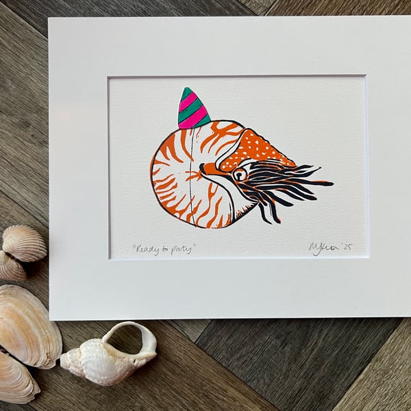 Nautilus "Ready to Party" Original Handprinted Lino Print Mounted