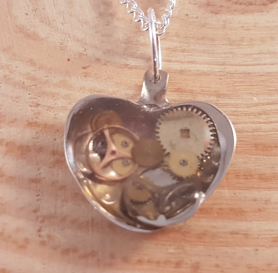 Upcycled Silver Plated Cogs in Resin Heart Spoon Necklace SPN081819
