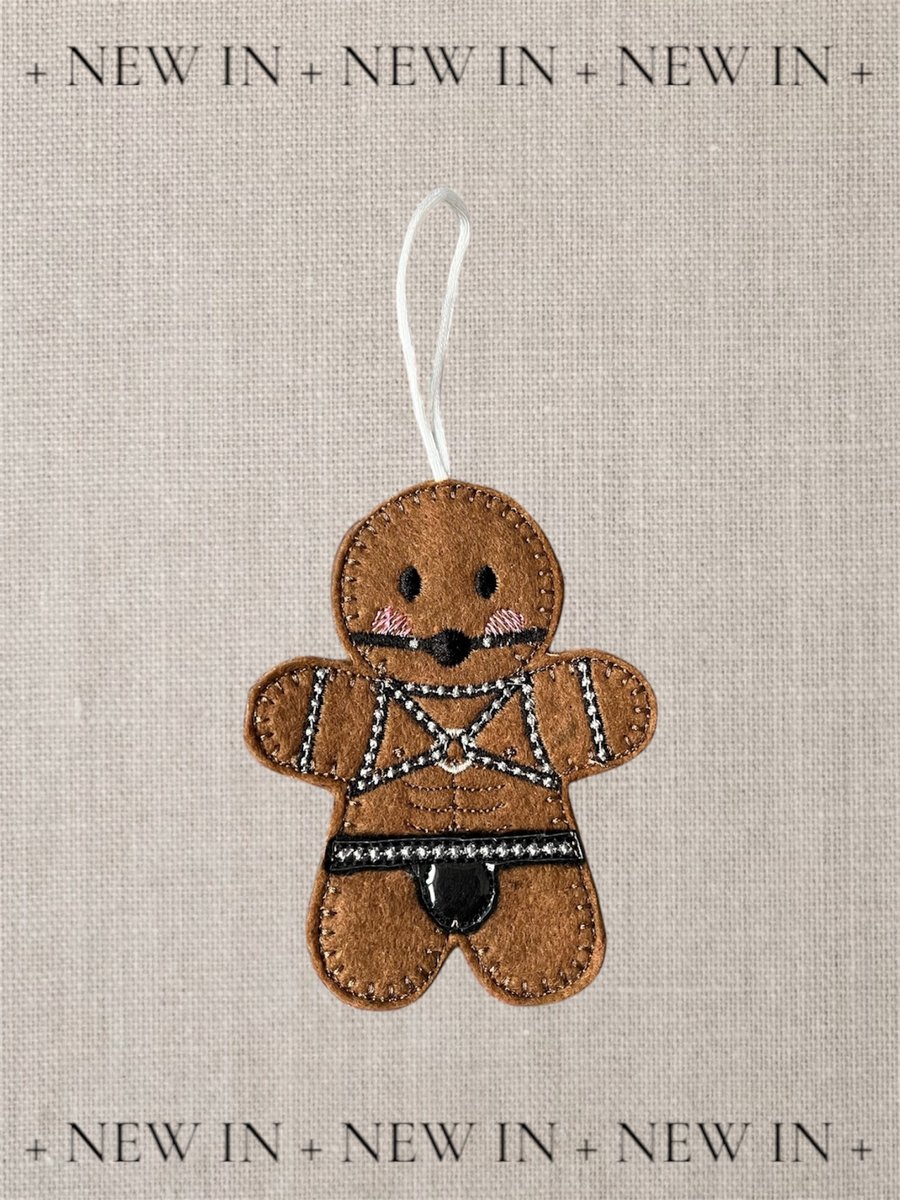 Sexy leather dressed Gingerbread man Embroidered Hanging Keepsake design 3