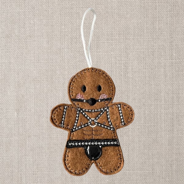 Sexy leather dressed Gingerbread man Embroidered Hanging Keepsake design 3