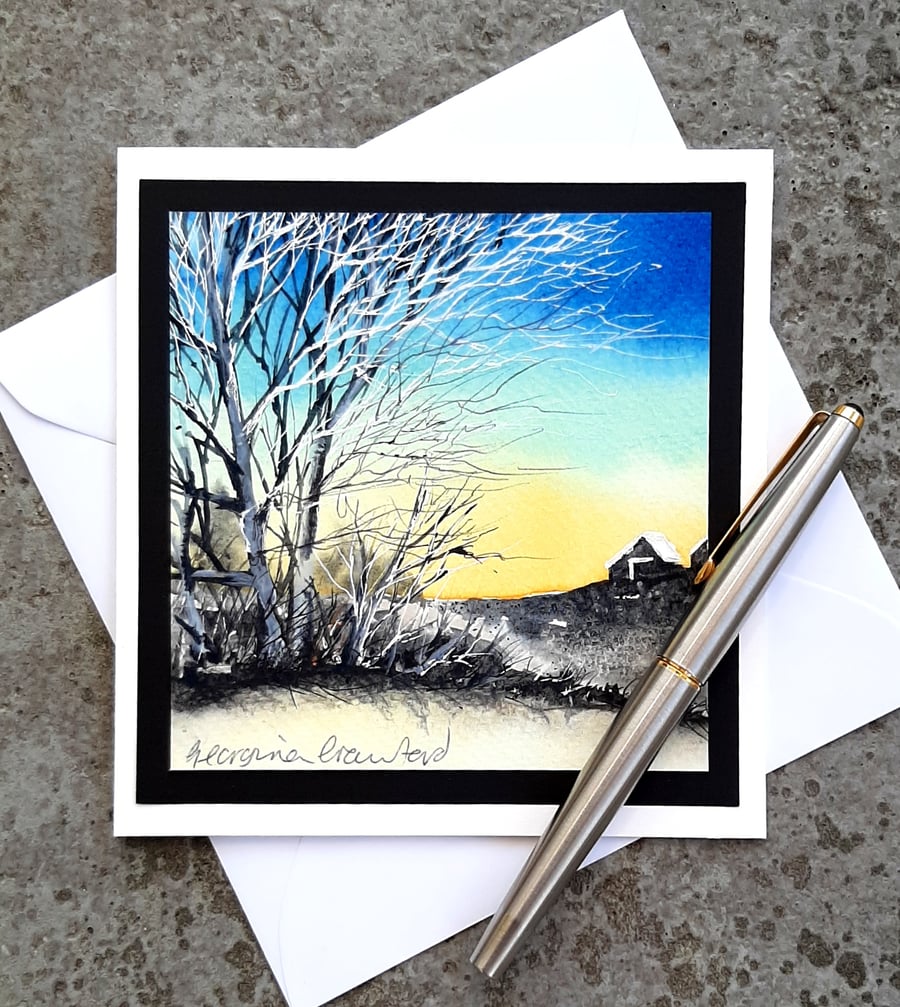 Card. Watercolour Landscape Painting. White Tree Blank Notelet 