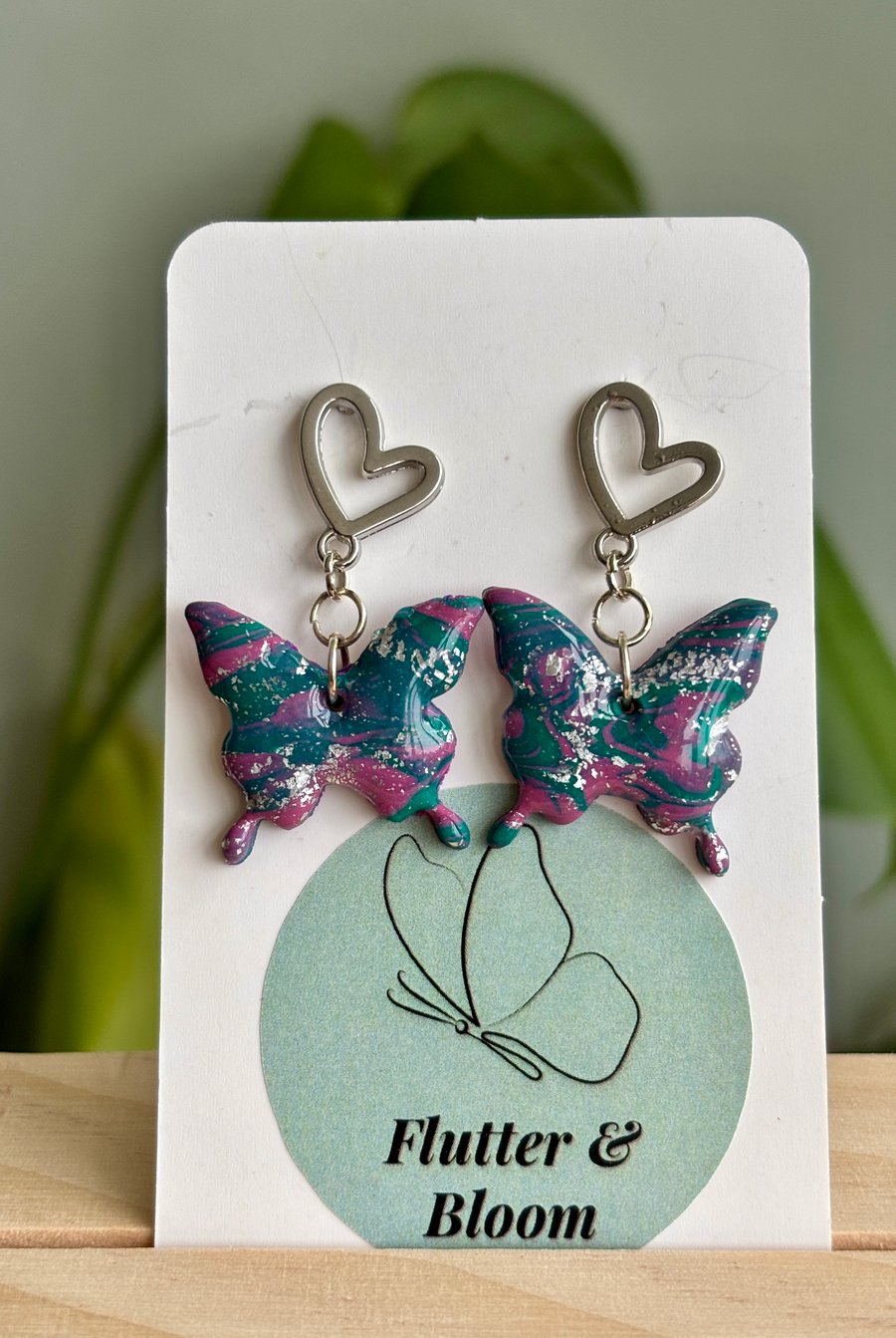 Teal & Magenta Butterfly Dangle Earrings with Silver Heart Studs