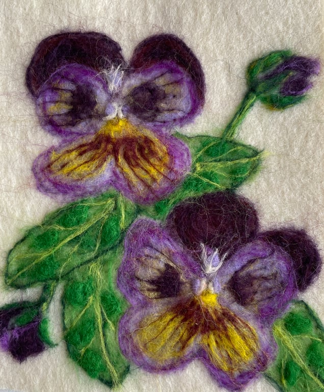 Hand Felted Pansies Textile Artwork 