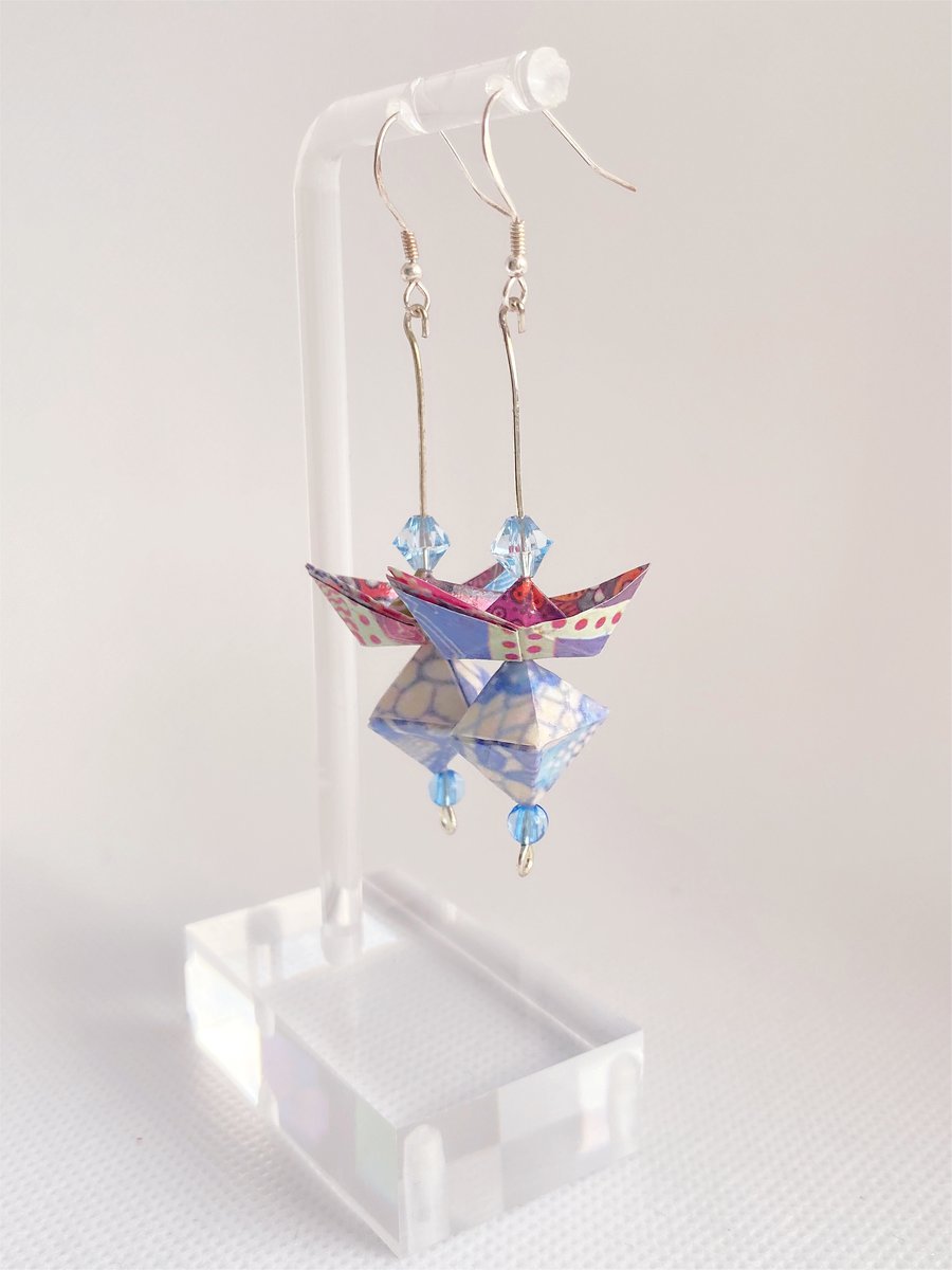 Paper Boat with Diamond Earrings, Origami Earrings, Earrings with Bead