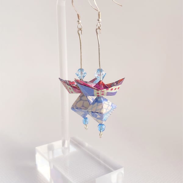 Paper Boat with Diamond Earrings, Origami Earrings, Earrings with Bead