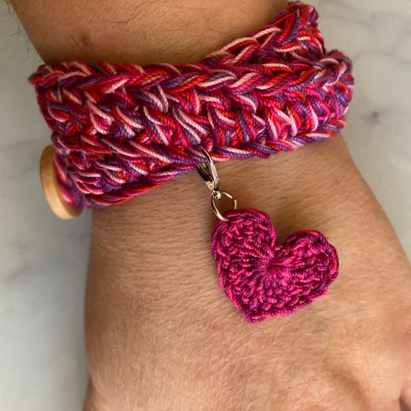 Cotton wrap bracelet with gift pocket heart and clip on heart charm 