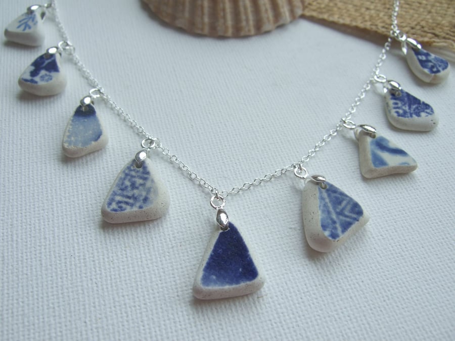 Scottish sea pottery necklace, beach pottery jewelery, beach necklace blue
