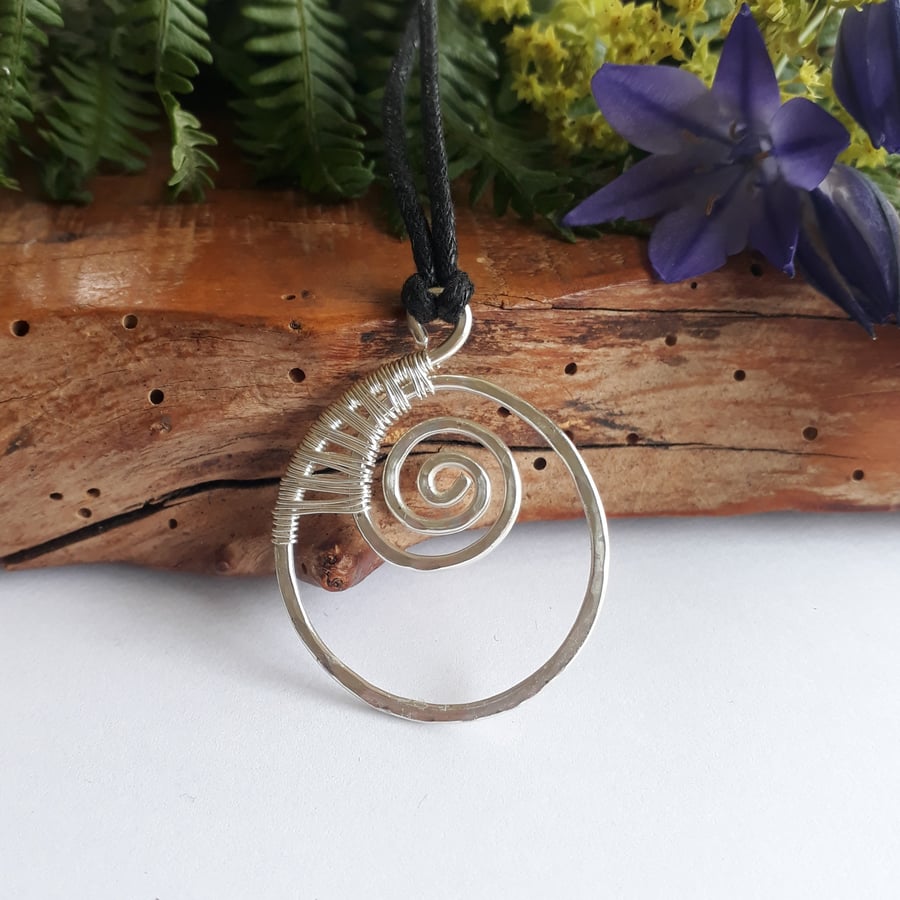 Silver Ammonite Pendant, Wire Wrapped Necklace, Nautical Fossil Celtic Jewellery