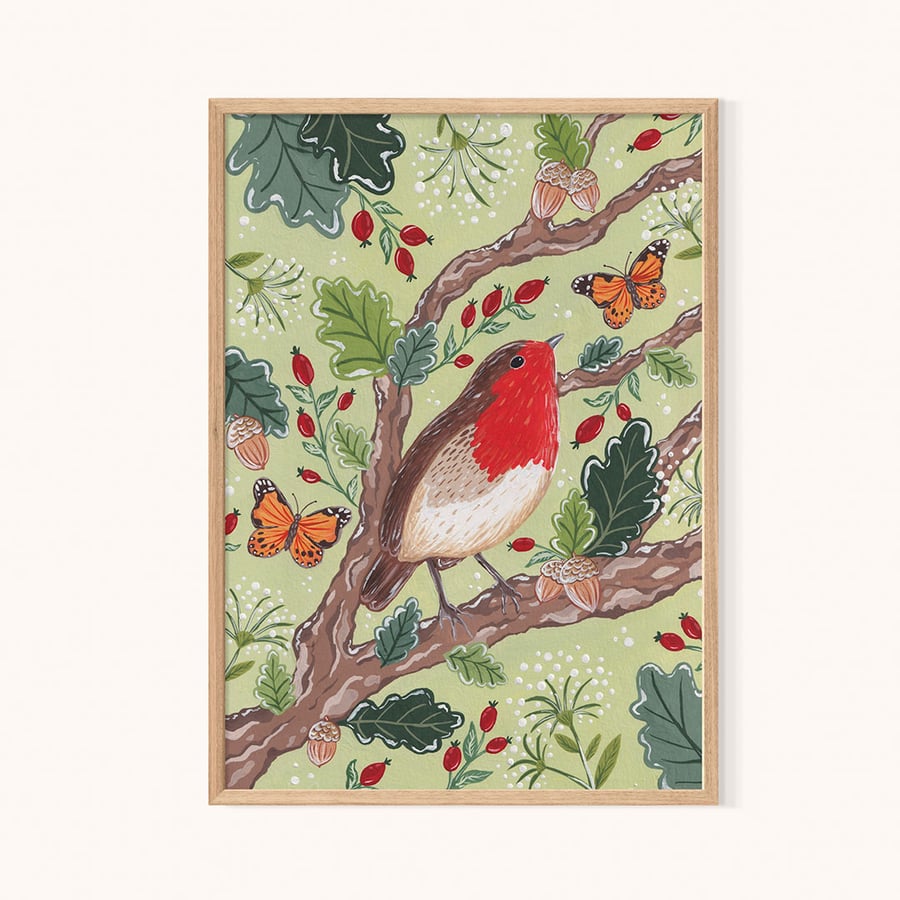 Robin and Oak Leaves Art Print