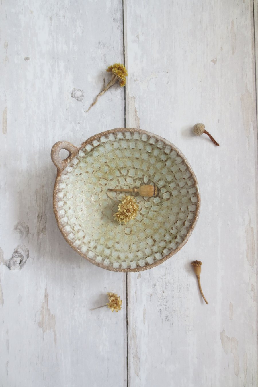 TRINKET DISH hand-built stoneware pottery tealight dish in matt white-green