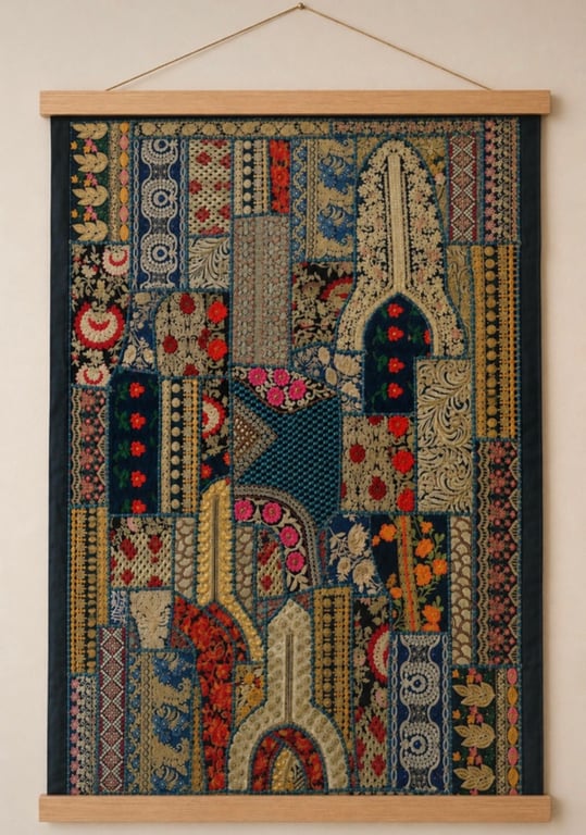 Large Embroidered Textile Wall Hanging – Statement Boho Wall Art with Oak Hanger