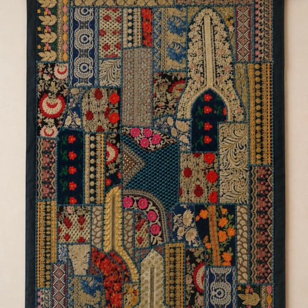 Large Embroidered Textile Wall Hanging – Statement Boho Wall Art with Oak Hanger