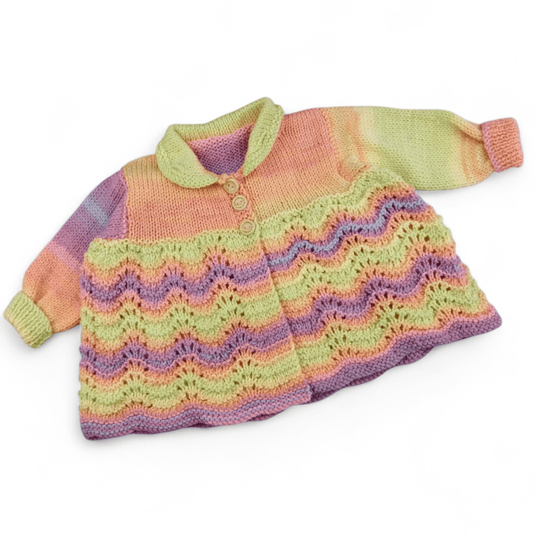 Baby Girl Cardigan 0-3 Months, Rainbow Hand Knitted Matinee Coat