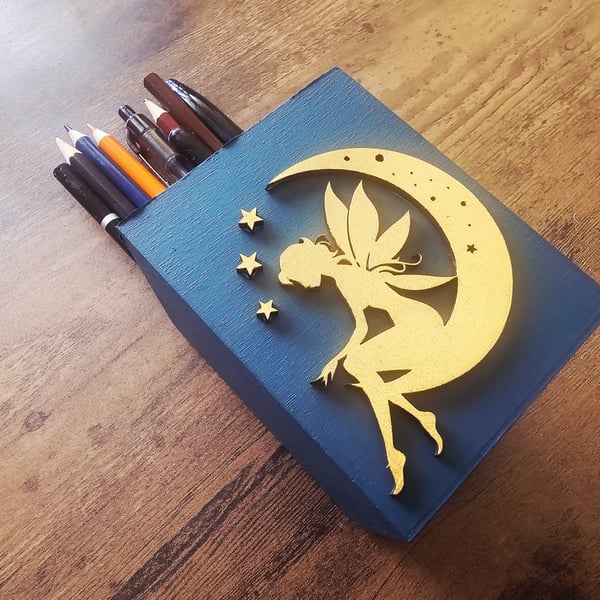 Beautiful handmade fairy in moon with stars design wooden pen pot or desk tidy 