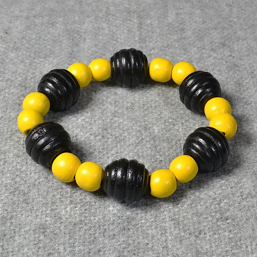 Black wooden Beehive Bead and Yellow Wooden Round Bead Elastic Bracelet