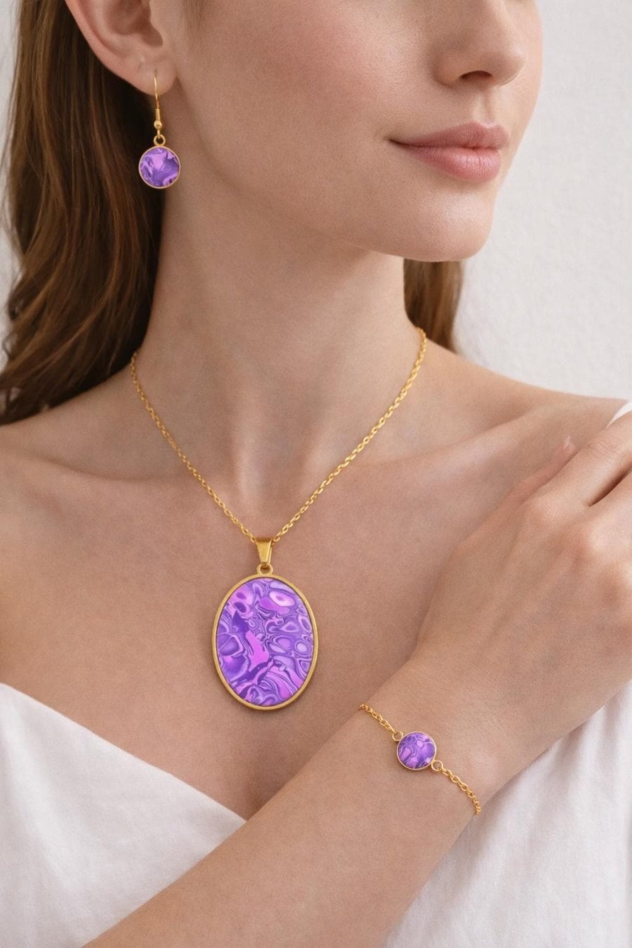 Purple and gold Jewelry Set Handmade Polymer Clay Necklace, Earrings, Bracelet