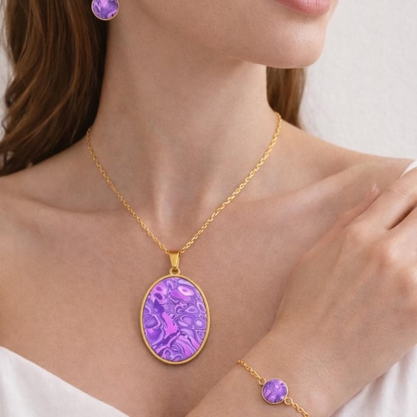 Purple and gold Jewelry Set Handmade Polymer Clay Necklace, Earrings, Bracelet