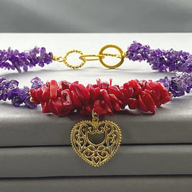 Chunky Amethyst & Red Coral Gold Filigree Heart Gemstone Chip Choker Necklace