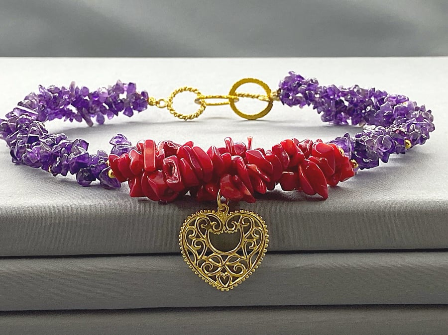 Chunky Amethyst & Red Coral Gold Filigree Heart Gemstone Chip Choker Necklace