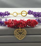 Chunky Amethyst & Red Coral Gold Filigree Heart Gemstone Chip Choker Necklace - Image 1