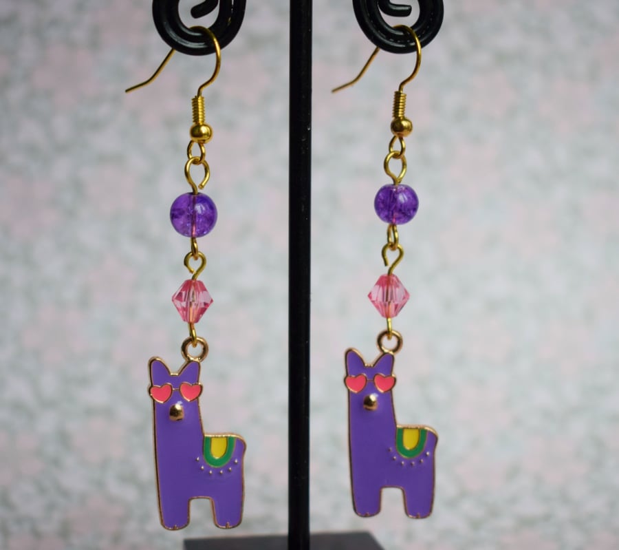  Purple Llama Charm Earrings with Pink and Purple Beads, Animal Jewellery