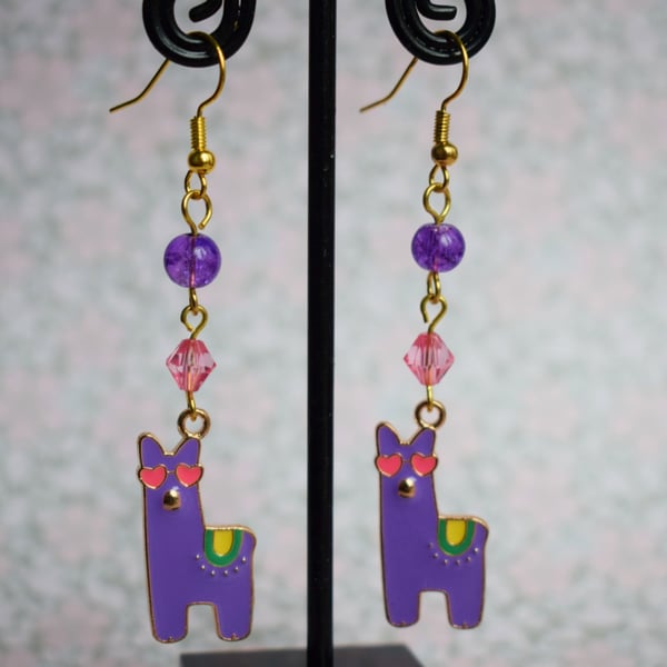  Purple Llama Charm Earrings with Pink and Purple Beads, Animal Jewellery