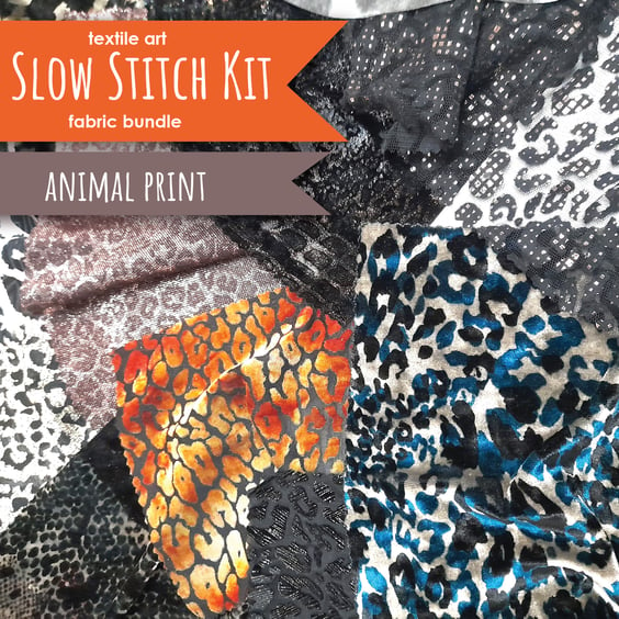 Slow stitching kit, fabric remnants - animal print theme