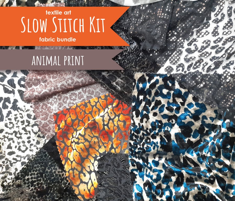 Slow stitching kit, fabric remnants - animal print theme