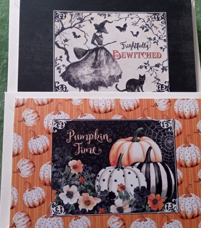 Set of Two Cards - Halloween Card - Pumpkin Card - Witch on Broom Card