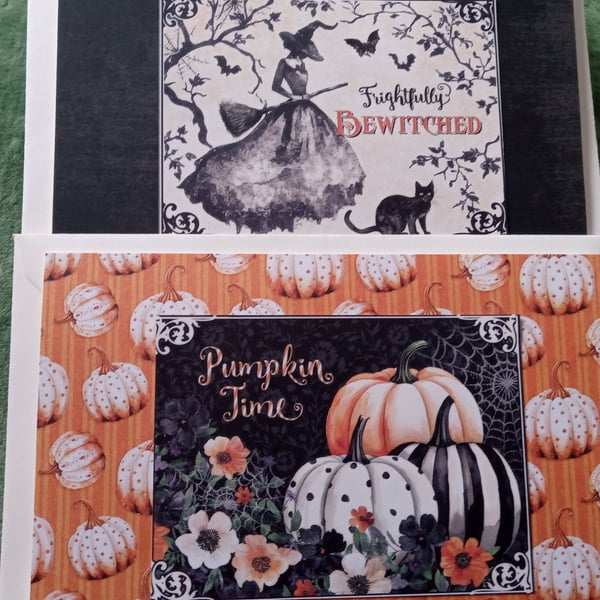 Set of Two Cards - Halloween Card - Pumpkin Card - Witch on Broom Card