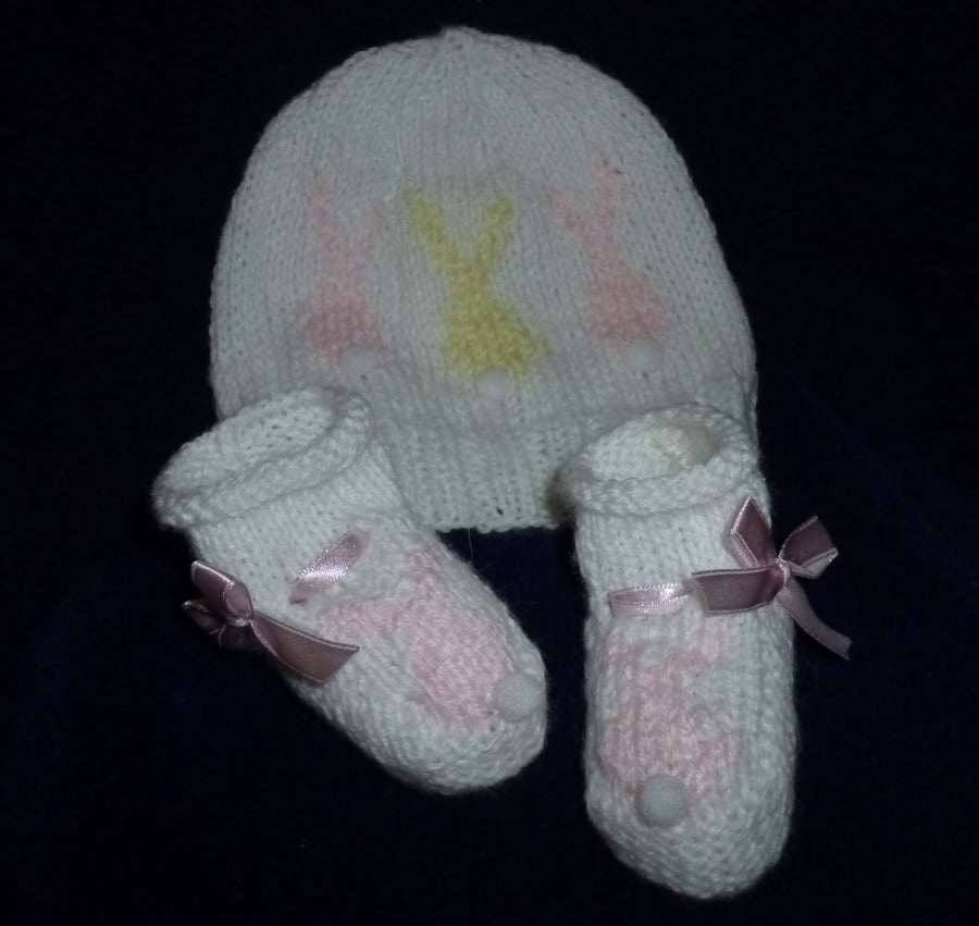 Hand knitted baby bunny tails hat & booties- white with pink & yellow bunnies