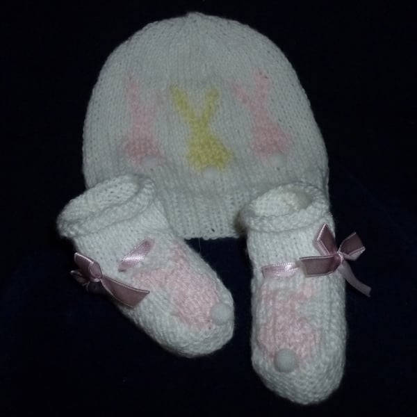 Hand knitted baby bunny tails hat & booties- white with pink & yellow bunnies