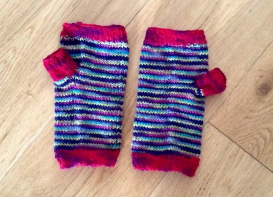 Hand Knit Jazzy Merino Hand Warmers  Fingerless Mittens 