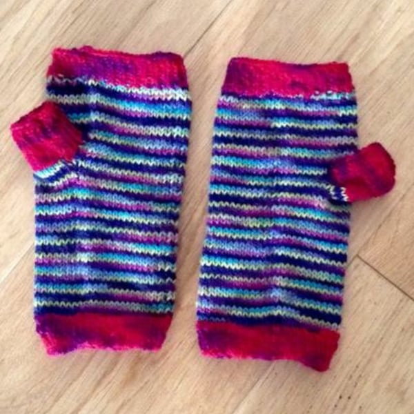 Hand Knit Jazzy Merino Hand Warmers  Fingerless Mittens 