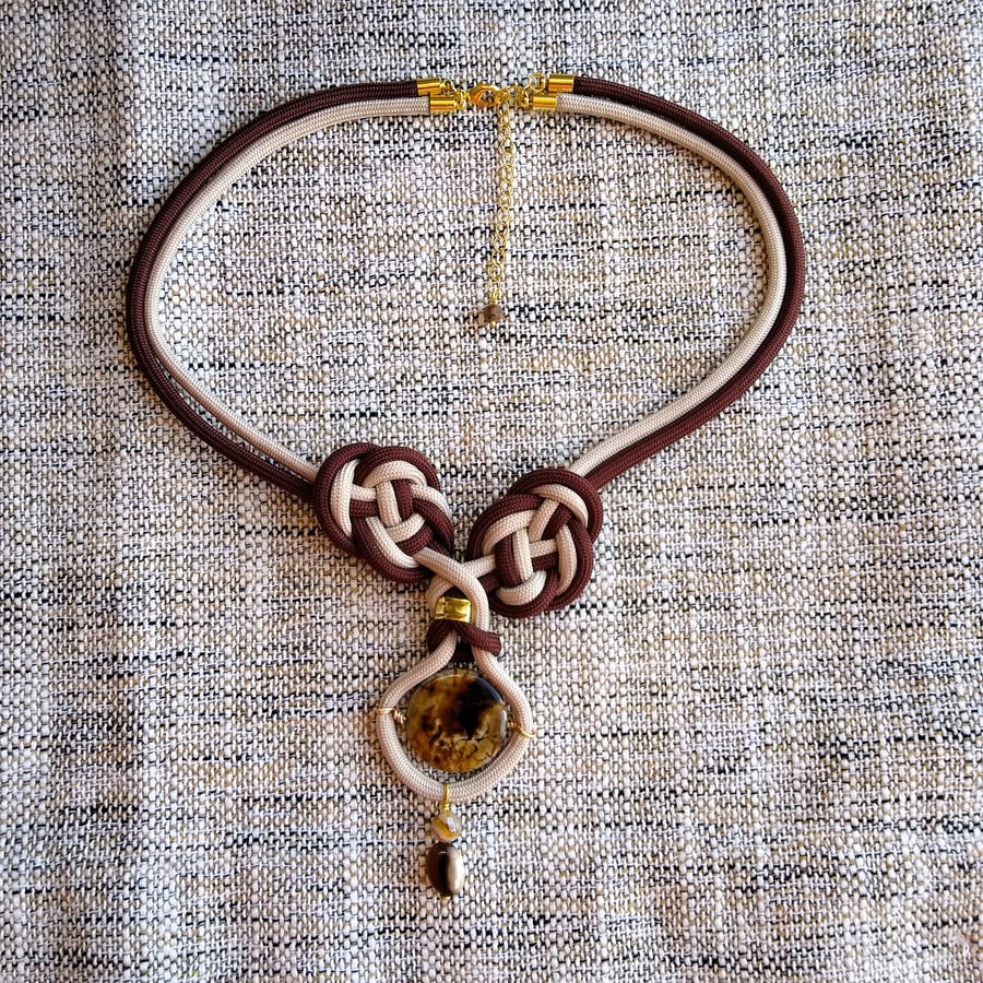 Coffee Agate Pendant Chinese Coin Knot Double Rope Necklace 18 Inch