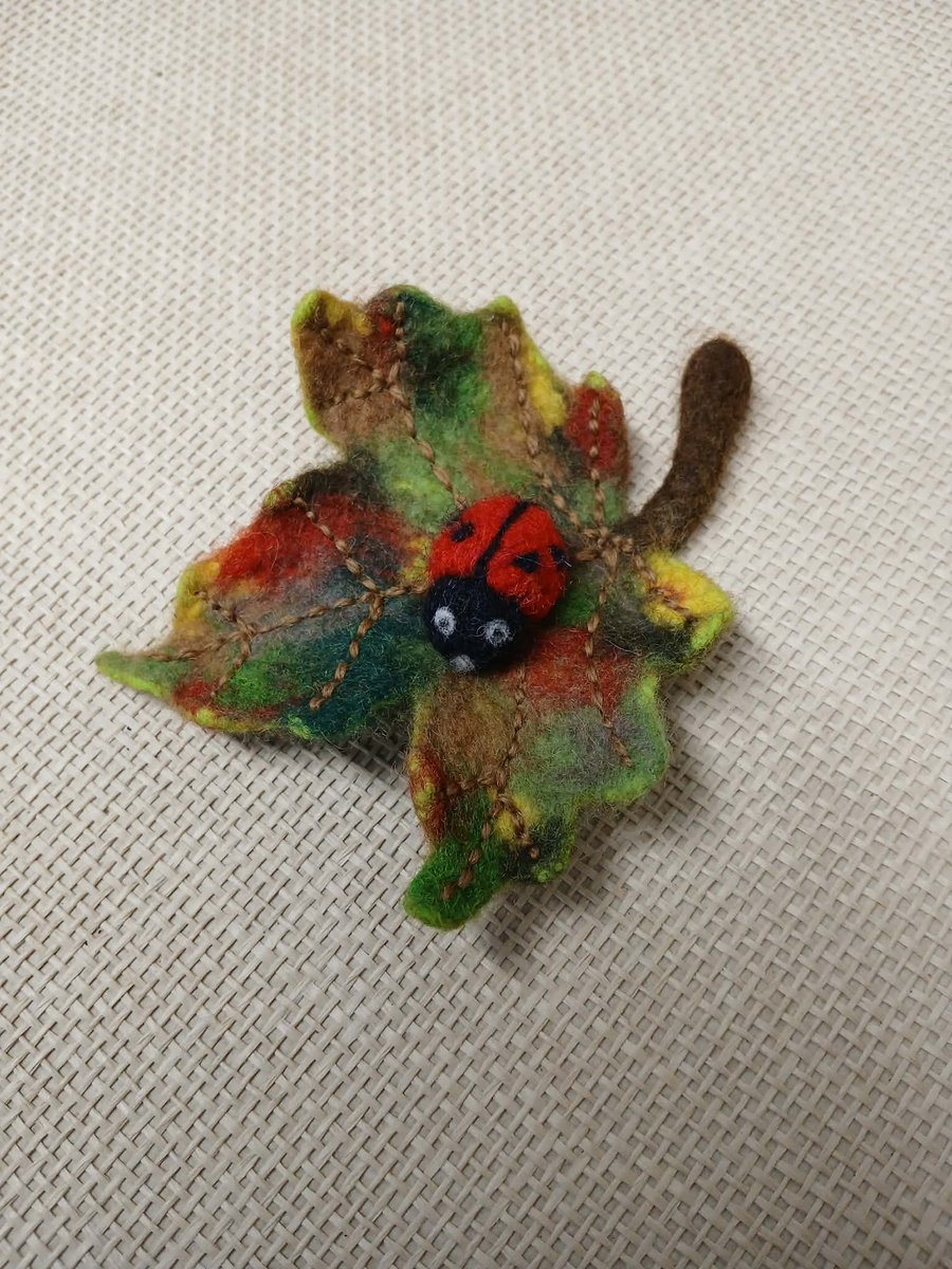 Handmade Felted Wool Autumn Leaf Brooch with Ladybird