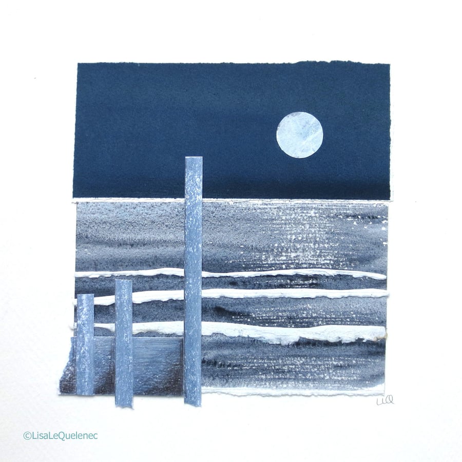 Mixed media collage moon sparkling on the ocean minimalist art