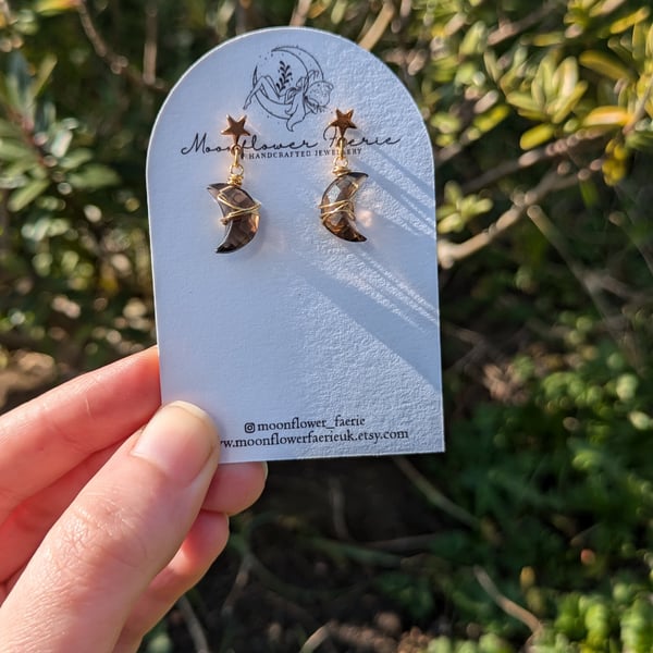 Smoky Quartz Celestial Mini Moon Earrings, Gemstone Gold Star Jewellery 