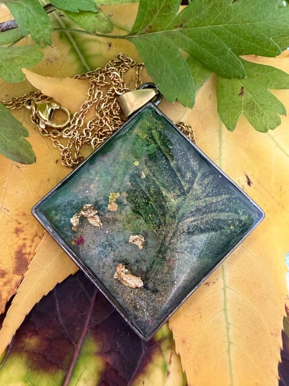 Botanical Art Pendant, wearable artwork pendant  in green
