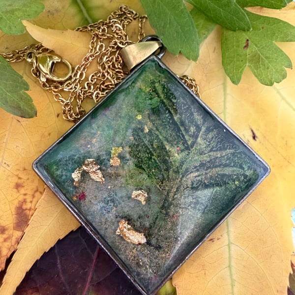 Botanical Art Pendant, wearable artwork pendant  in green