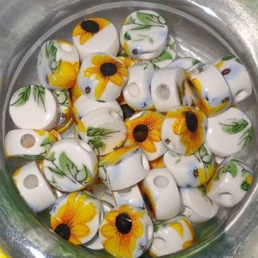 Porcelain SUNFLOWER beads Round, Flat rounds, Spacers,Ovals,Hearts (10) Ukraine