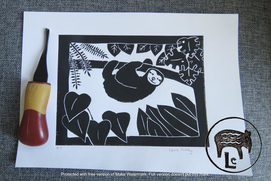Black Sloth hanging about in rainforest. An original A4 lino print (OE17)
