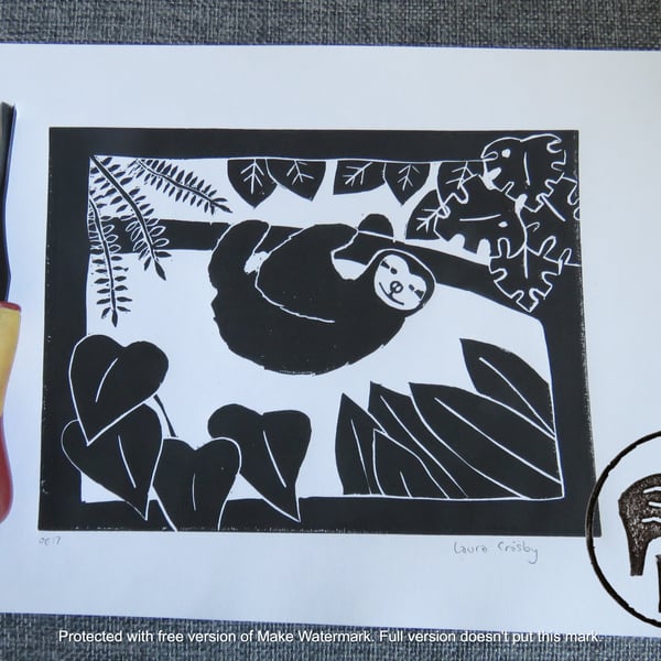 Black Sloth hanging about in rainforest. An original A4 lino print (OE17)