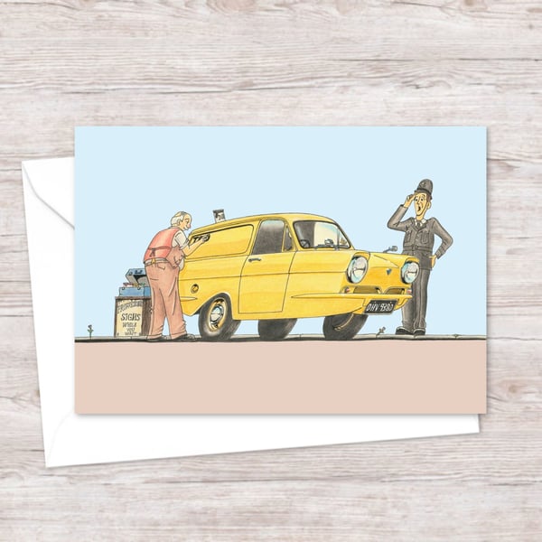 Three Wheeler Van Greeting Card: Nostalgic Cartoon Art (321)