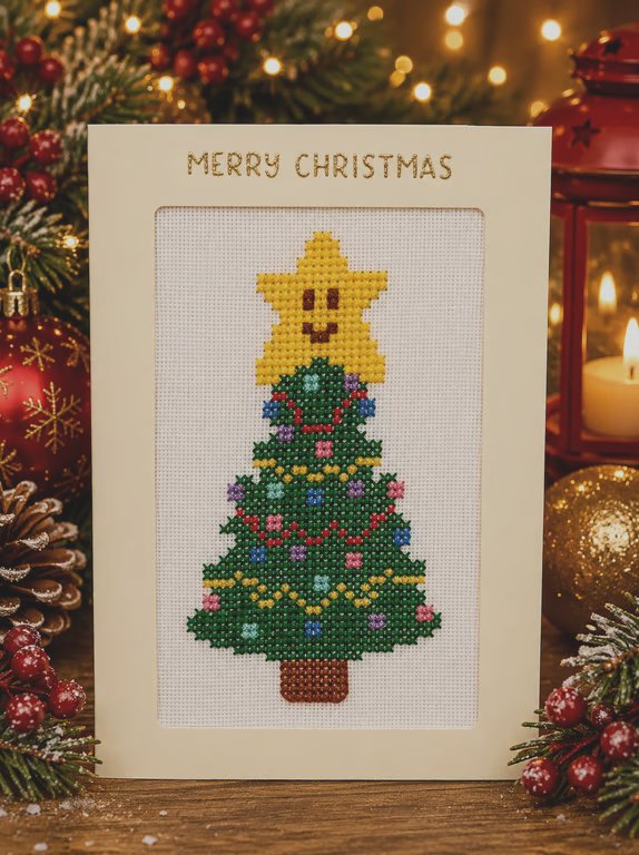 Handmade Cross Stitch Smiley Christmas Tree Card – 8 x 6 Inch